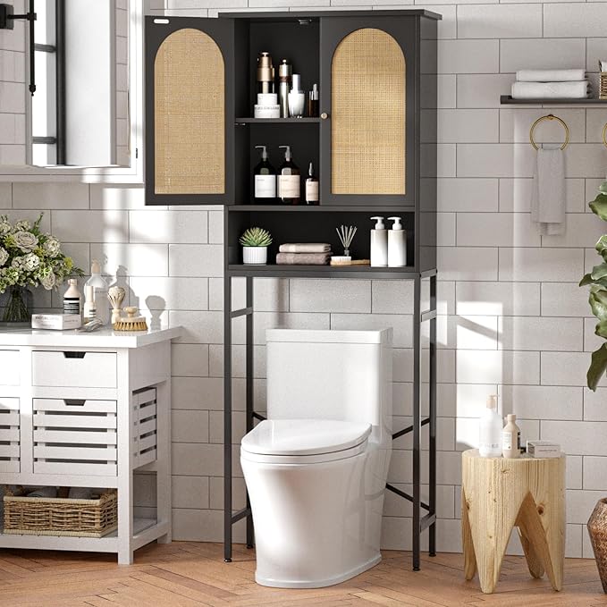 Rattan Toilet Storage Cabinet, Over The Rack Wood Cabinet with Metal Stand, Bathroom Organizer with Adjustable Shelf, Tall Freestanding Washer Shelf, Small Cupboard, Black
