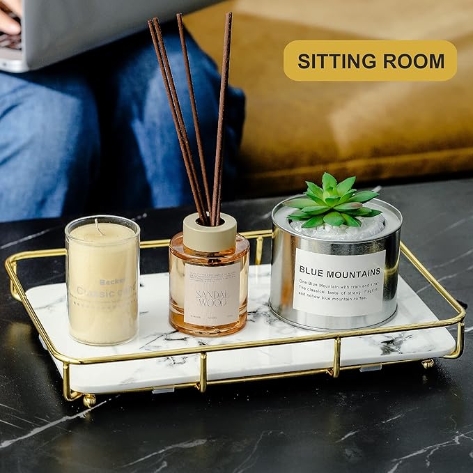 Vanity Tray Makeup Organizer Cosmetics Storage Bathroom Skincare Organizer Countertop Display Rack in Dresser Stainless Steel Shelf Marble Print Ceramic Trays