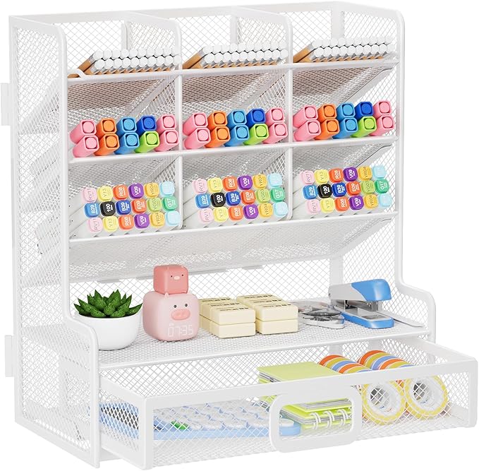 Marbrasse Larger Mesh Desk Organizer with Drawer, Multi-Functional Pen Pencil Holder, Easy Assembly, Desk Organizers and Accessories for Office Art Supplies (White)