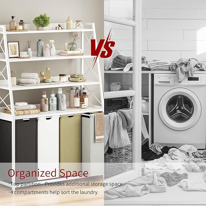 Laundry Basket, 4 Section Laundry Hamper with 4 Tiers Shelf, Pull-Out and Removable Laundry Bags, Large 4 x 15.87 Gallons, for Laundry Room Bathroom White PF12XLE