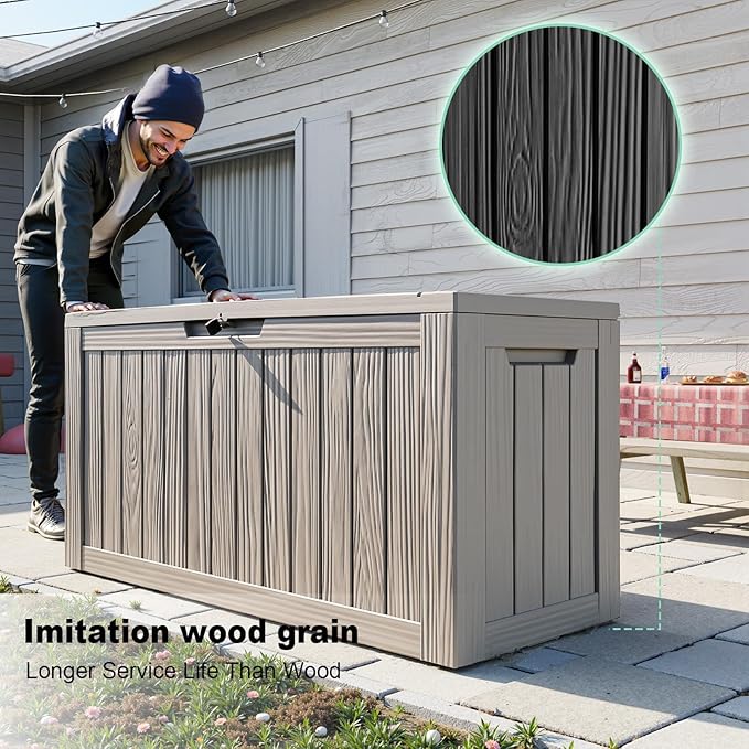 85 Gallon Outdoor Waterproof Resin Storage Deck Box Lockable Outside Bench UV Resistant Bin Patio Porch Furniture Pool Float Garden Tool Cushion Grey