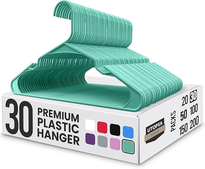 Utopia Home Plastic Hangers 30 Pack - Perfect Space Saving Clothes Hanger - Durable and Strong - Perfect Closet Organizers with Shoulder Grooves (Aqua)