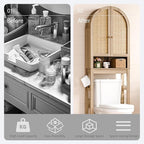 Over The Toilet Storage Cabinet, 23.7”W Modern Storage Cabinet Over Toilet with Rattan Doors, Arched Freestanding Over Toilet Rack with Adjustable Shelf for Bathroom, Nature