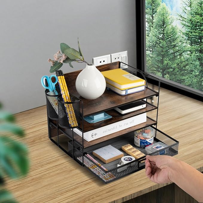4 Tier Desk Organizers and Accessories, Paper Letter Tray Organizer,Vintage Wood Desk File Organizer with Drawer and 2 Pen Holders for School Home Office Supplies