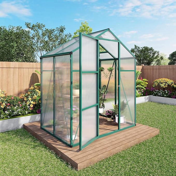Polycarbonate Greenhouse with Rain Gutter and Roof Vent, Raised Base and Anchor Aluminum Heavy Duty Walk-in Green House, Outdoor Patio Sunroom for All Season (Green, 49.13*72.83*86.42in)