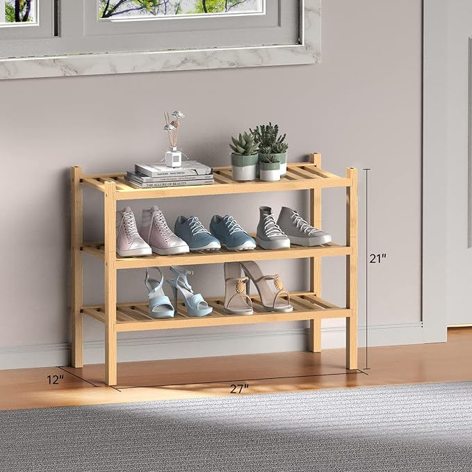 (Thick Bamboo Shoe Rack for Entryway, 3-Tier Free Standing Shoe Racks Stackable Shoe Rack Organizer for Hallway Closet Living Room 27 x12 x21 Inches