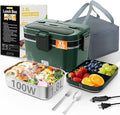 Electric Lunch Box for Adults, 2.8L Double Layer 100W Fast Heated Lunch Box, Heating Food Heater Warmer for Home Office Car Truck Use, Extra Large Lonchera Electrica Portátil 12/24V/110-230V, Green