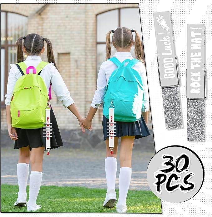 Kigeli 30 Pcs Spirit Clips Cheer Pins Cheerleader Gifts Clothes Pins for Backpacks Competition Glittered for Team Cheer Gifts Stuff Supplies Party Favors Accessories Bulk(Silver,Shiny)