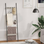 Blanket Ladder, 5-Tier Towel Holder with 4 Removable Hooks, Farmhouse Wall Leaning Decorative Rack Shelf, Wooden Towel Display Rack, Quilt Ladder for Living Room, Bedroom, Greige