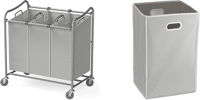 Simple Houseware Heavy-Duty 3-Bag Laundry Sorter Cart + Foldable Closet Laundry Hamper Basket