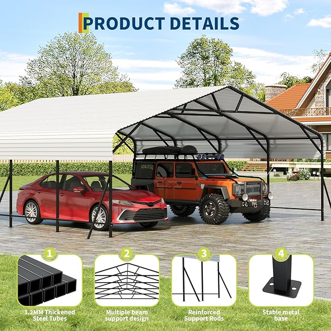 20x20x9FT Metal Carport, Heavy Duty Carports with Reinforced Frame and Base for All Weather, Oversized Metal Garage for Rucks, Boats, Tractors or Party
