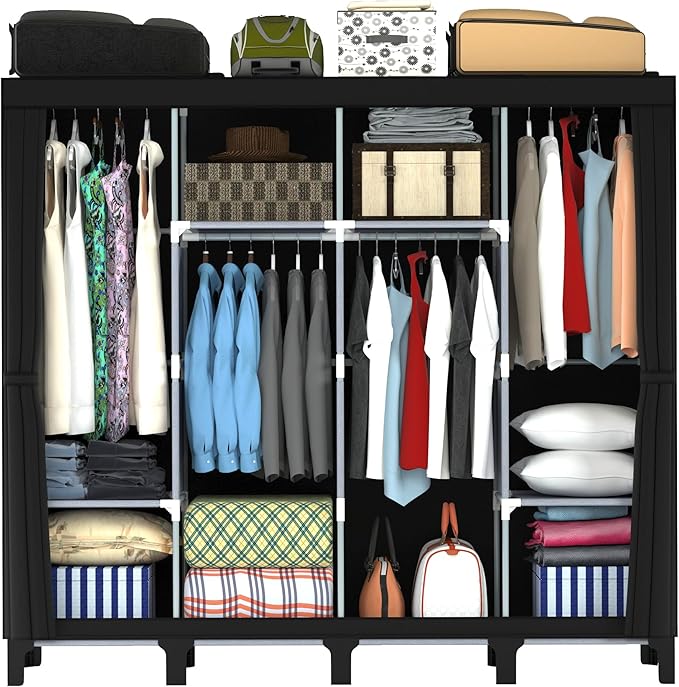 Non-Woven Wardrobe, No Tools Required, Large Capacity, Easy Assembly, Movable, Storage Rack, Waterproof, Dustproof, Stain Resistant, Black, 67.7 x 172 cm (Black, X-Large)