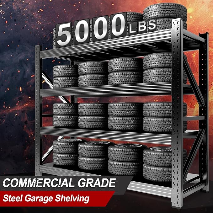 4-Tier Heavy Duty Garage Shelving Unit, 5000lbs Adjustable Garage Shelves 71" W x 24" D x 71" H Metal Shelving, Utility Rack Shelf, Industrial Shelve Units for Storage Warehouse Pantry Closet