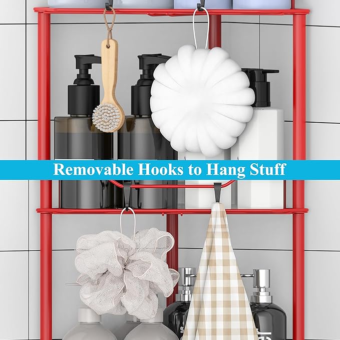3 Tier Floor Standing Corner Shower Caddy Organizer Shelf with Hooks, Bathroom Shelves Stand Rack, Red