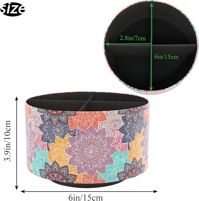 Hennaja Round Leather Art Supply Organizer,Remote Control Holder,360 Degree Rotating,Multi-Functional Pencil Holder,4 Compartments Desktop Stationary Organizer(1-Colorful Flower)