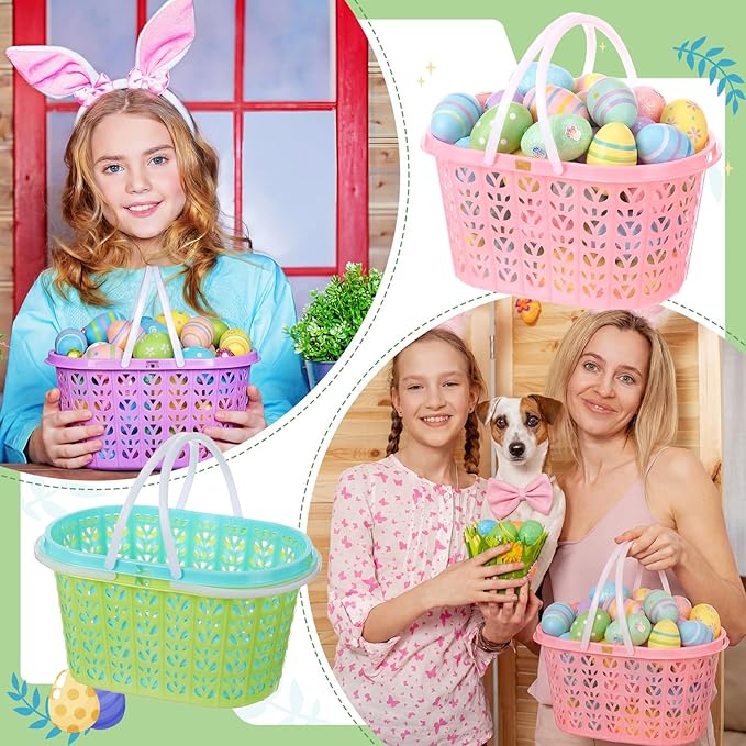 Havawish Easter Baskets Bulk with Handle Small Colorful Plastic Eggs Baskets Easter Bucket for Egg Hunt Spring Party Favors(50 Pcs,Rectangular)