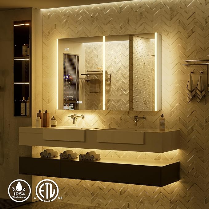 54x30 Lighted Medicine Cabinet Mirror with Lights & Smart Night Lamp -Surface or Recessed Medicine Cabinet with Outlet & Clock,Fogless Dimmable LED Storage Mirror,Built-in Sensor Light