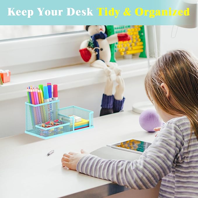SUPEASY Mesh Pen Holder Desk Organizer, Office Supplies Pencil Storage with 3 Compartments, Office Desk Accessories and Workspace Organizers for Home School, Blue