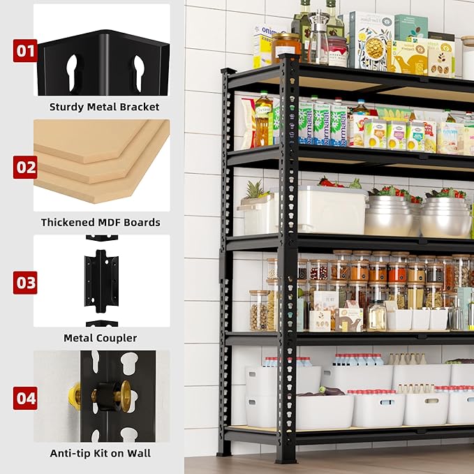 3 Packs 35.5" W x 16" D x 71" H Adjustable Garage Storage Shelves - 5-Shelf Heavy Duty Shelving Unit, Metal Utility Storage Organizer Racks for Warehouse Pantry Closet Kitchen, Black