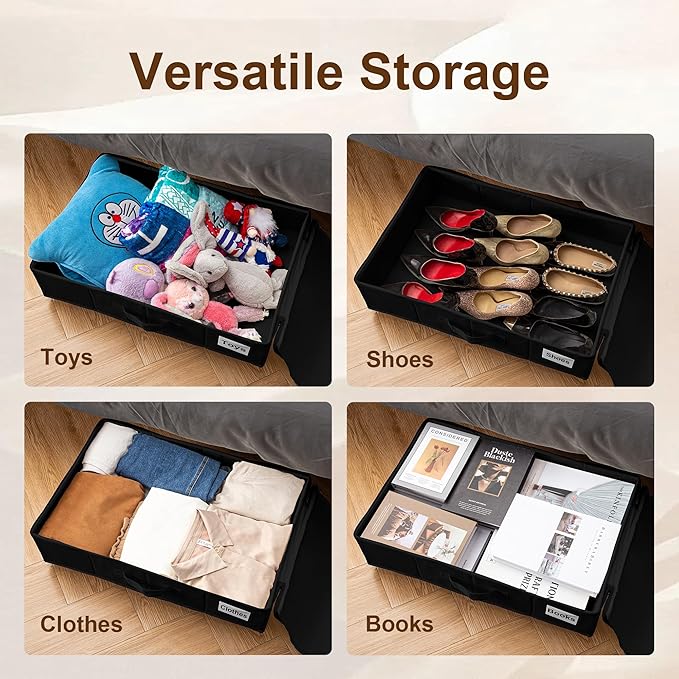Under Bed Storage with Wheels, 2 Pack Under Bed Storage Containers with Label Holders for Clothes, Shoes and Blankets, Rolling Underbed Shoe Organizer with Cover, Black (23.6 x 15.7 x 7.28 in)