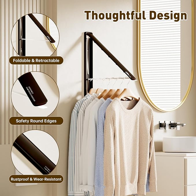 Clothes Drying Rack, Laundry Room Wall Mounted Retractable Clothes Hanger Drying Rack, Laundry Clothing Drying Rack Folding Indoor or Outdoor, Easy Installation Aluminium Dryer, 2pcs(Black)