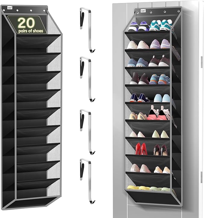 10 Tier Over The Door Organizer - Heavy Duty Hanging Storage Rack with Sturdy Oxford Fabric, Holds 20+ Pairs of Footwear, Boots & Sneakers, Saves 50% Closet Space (Black)