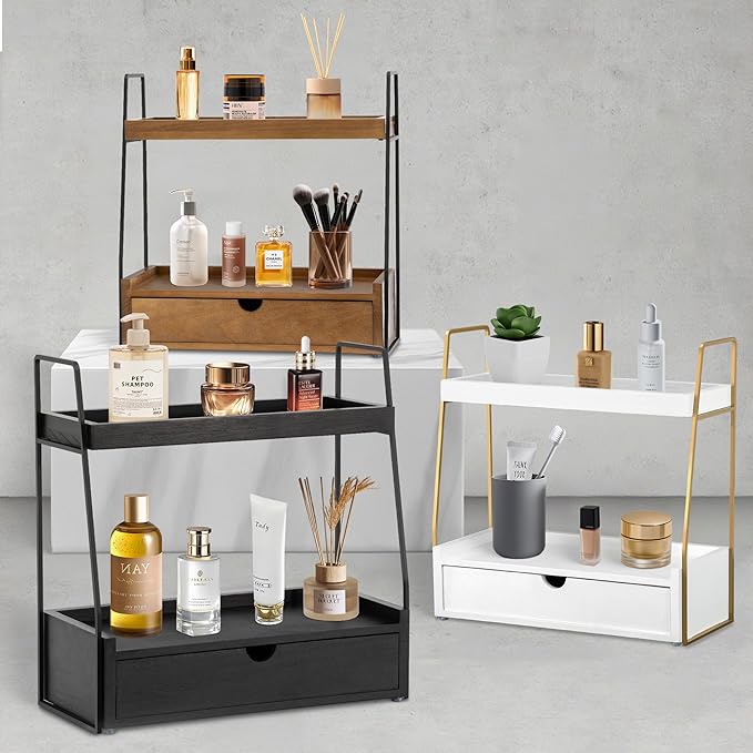2-Tier Bathroom Organizer Countertop with Drawer, Wood Counter Organizer for Bathroom Decor, Sink Shelf for Vanity Storage, Makeup Tray for Perfume Skincare Bedroom Kitchen Corner