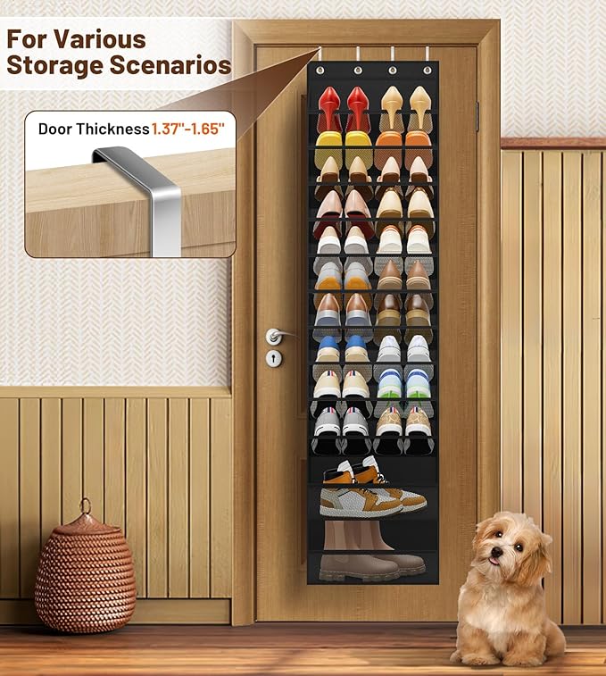 MISSLO 12 Tier Over the Door Shoe Organizer Hanging Shoe Rack for Closet Storage Sneaker Holder for Door Fit 24 Pairs Sandals, Heels, Boots (Black)