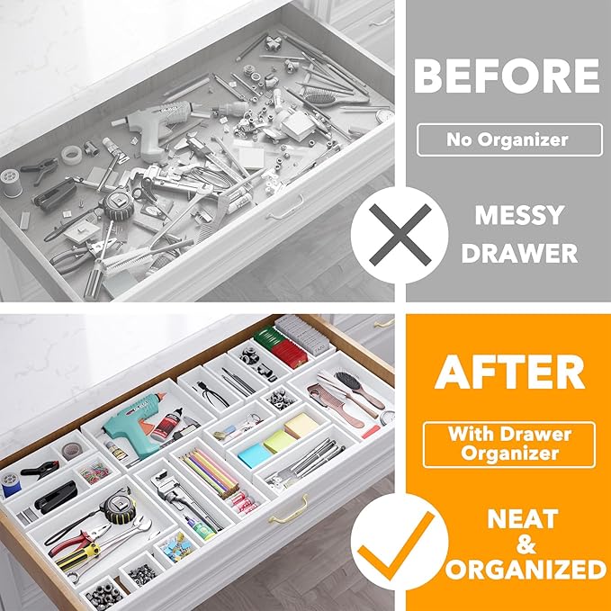 SpaceAid 21-Piece Bamboo Drawer Organizer Storage Boxes Set, Wood Tray Junk Drawer Organizers Multi-Use Divider Bins for Kitchen, Bathroom, Office Desk and Makeup Organization (21 Pack, White)