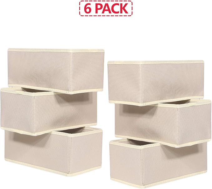 DIOMMELL 6 Pack Foldable Cloth Storage Box Closet Dresser Drawer Organizer Fabric Baskets Bins Containers Divider for Clothes Underwear Bras Socks Lingerie Clothing,Beige 060