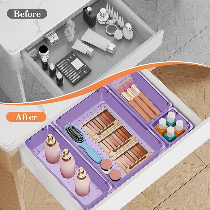 25 PCS Plastic Drawer Organizer Set, 4-Size Versatile Organizer Trays & storage Bins for Makeup, Jewelry, and Gadgets in Bathroom, Bedroom and Office,Clear Purple