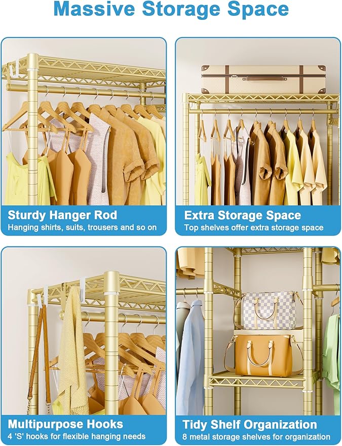Ulif E4 Clothes Rack, Heavy-Duty Garment Rack, Metal Freestanding Clothing Organization Storage System Can Be L-Shaped with Shelves and Hangers, Max Load 962lbs, 71.6" W x 14.5" D x 79.3" H, Gold