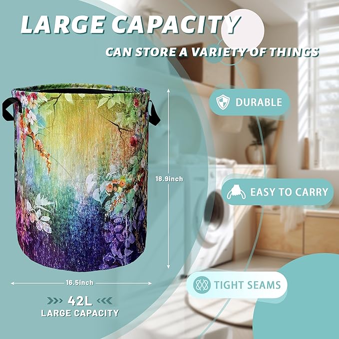 Abstract Watercolor Flowers Laundry Basket Foldable With Handles Tote Bag Oxford Cloth Colorful Laundry Hamper Clothes Storage Bucket Toy Organizer 18.9"x16.5"For Bathroom/Laundry/Bedroom