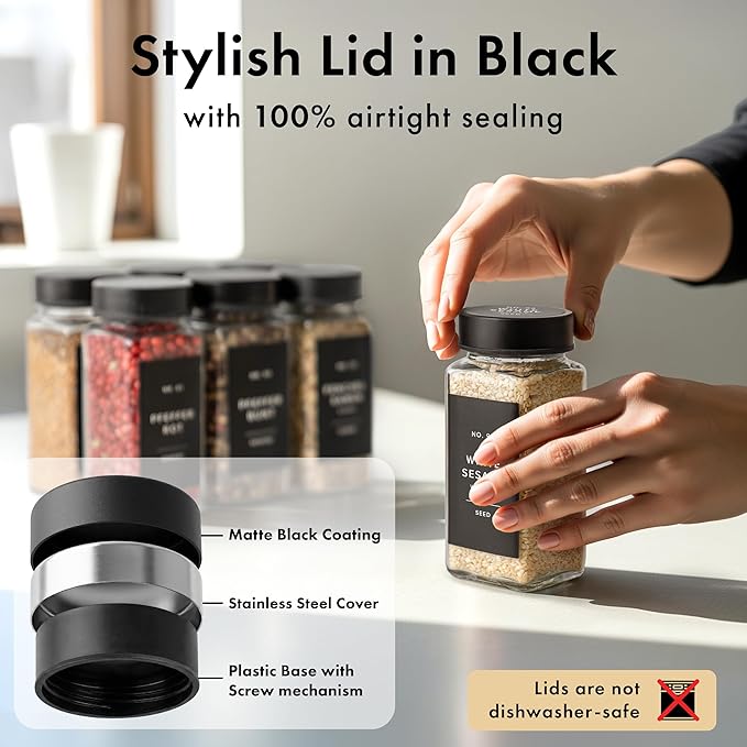 Glass Spice Jars with Label and Black Lids (24 x 4oz) Spice Containers with 240 Labels, Shaker Inserts, Steel Funnel, Empty Square Empty Square Seasoning Organizer