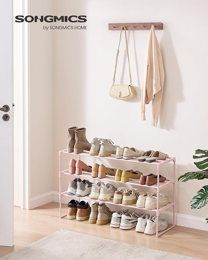 SONGMICS Shoe Rack, 3-Tier Shoe Organizer, Metal Storage Shelf, Upright or Upside Down, for 16-20 Pairs, Stackable, for Entryway, 11.8 x 36.2 x 21.7 Inches, Jelly Pink ULSA303S01