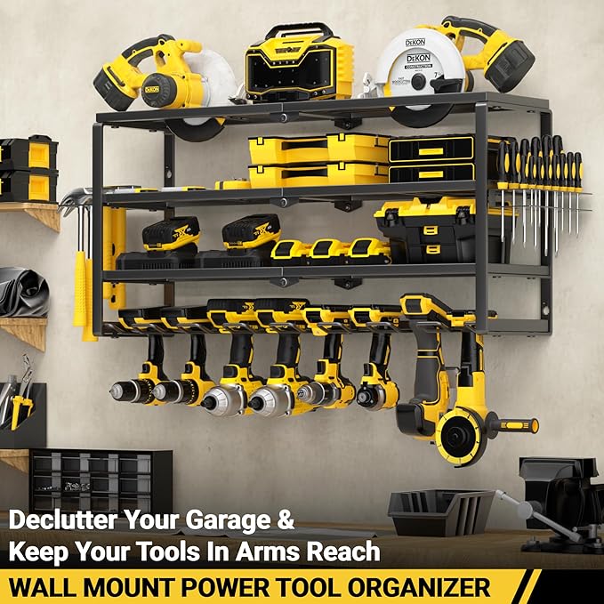YYR 4 Layer Power Tool Organizer Wall Mount, Cordless Drill Hanger Storage Rack, Battery Tools Holder with Charging Station Shelf for Garage Organization, Workshop, Pegboard, Shed - 32 Inch 8 Slots