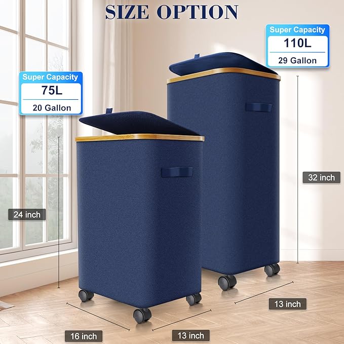 Laundry Hamper with Wheels,20 Gal (75L) Laundry Basket with lid Rolling Clothes Hamper Foldable Dirty Clothes Basket on wheels with Bamboo Frame and Bag for Bedroom, Dorm, Laundry Room-Blue