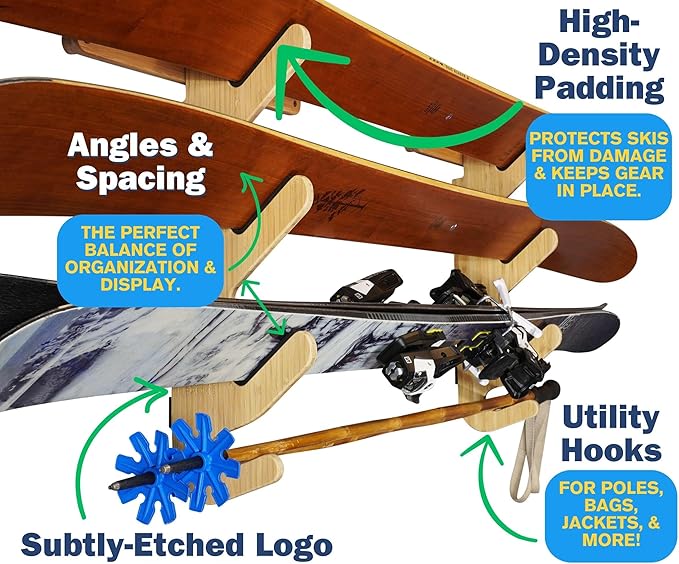 Grassracks Bamboo Ski Rack - Garage or Indoor Ski Display Rack Hallsteiner Series Indoor Horizontal Ski Wall Mount (1 or 2 Pairs of Skis, Bamboo)