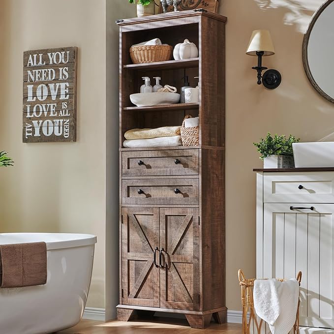 ACCOHOHO Farmhouse Bathroom Cabinet, 72" Tall Storage Cabinet with 2 Drawers, Adjustable Shelves & Barn Door, Cabinets for Bathroom, Living Room, Kitchen, Rustic Brown