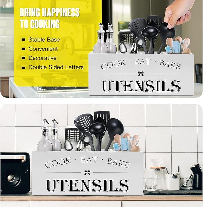 Kitchen Utensil Holder For Countertop With 4 Compartments - Kitchen Organizer Countertop, Extra Large Utensil Holder, Cooking Utensils Holder - White