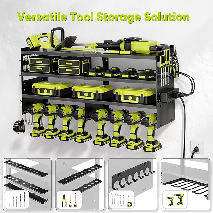 Large Power Tool Organizer Wall Mount with Charging Station,4 Layer Heavy Duty Metal Tool Storage Rack Loads 600lbs with 8 Cordless Drill Holder,Battery Utility Rack Loads with 4 Power Strip