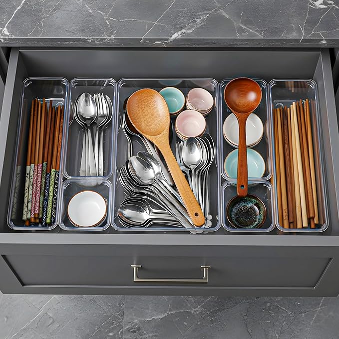 16 Pack Plastic Drawer Organizers Set, 5-Size Kitchen and Office Desk Drawer Organizer Trays, Acrylic Non Slip Storage Bin Divider for Makeup,Jewelry,Gadgets Utensils,Bedroom,Bathroom Vanity,Clear