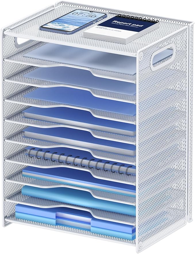 OUTWOLF 10 Tier Paper Organizer - Letter Tray Mesh Desk File Organizer with Handles for Office School Desktop, White