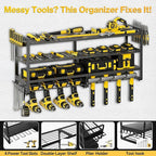Heavy Duty 4-Tier Wall Mount Tool Rack, 8-Drill Holder & Charging Station, 400lb Load Shelf for Garage Workshop Organization