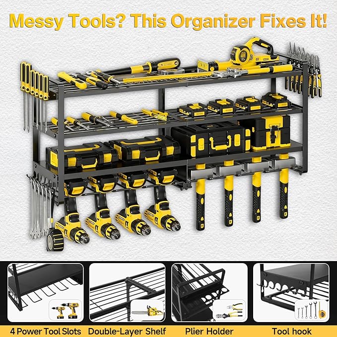 Heavy Duty 4-Tier Wall Mount Tool Rack, 8-Drill Holder & Charging Station, 400lb Load Shelf for Garage Workshop Organization