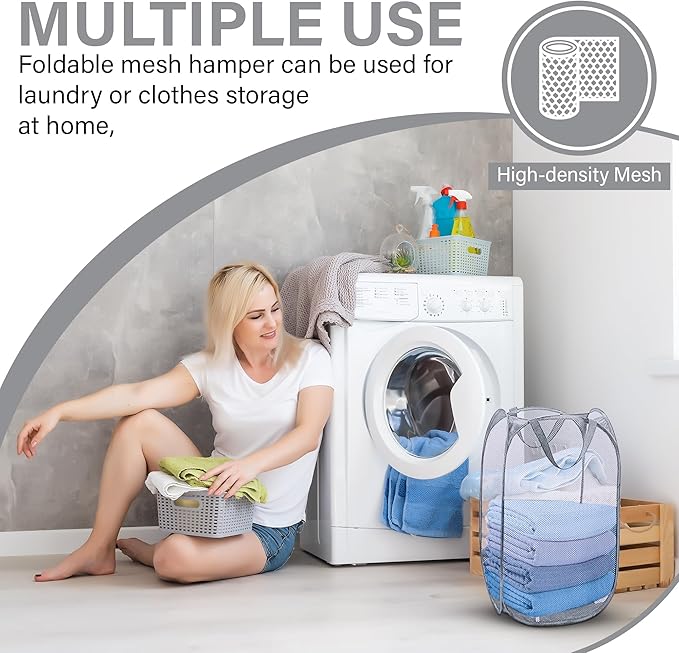 DecorRack 1 Pack Mesh Pop Up Laundry Hamper, Lightweight Foldable Clothes Basket with Easy Carry Handles, Durable Mesh Design for Air Circulation and Simple Storage, Gray (1 Pack)