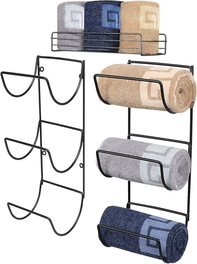 NearMoon Towel Rack Wall Mounted- All Metal Bathroom 2 Towel Rack Holders+ Hand Towel Storage Basket, Rustproof 3 Level Wine Rack Organizer for Hand Towels, Washcloths, 2+1 Pack (Matte Black)