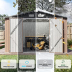 Aoxun Outdoor Storage Shed with Floor - 10x8 FT Metal Shed with Lockable Doors & Air Vents, Waterproof Outside Storage Shed for Tool, Garbage Can, Bike, Mower, for Backyard Garden Patio, Brown