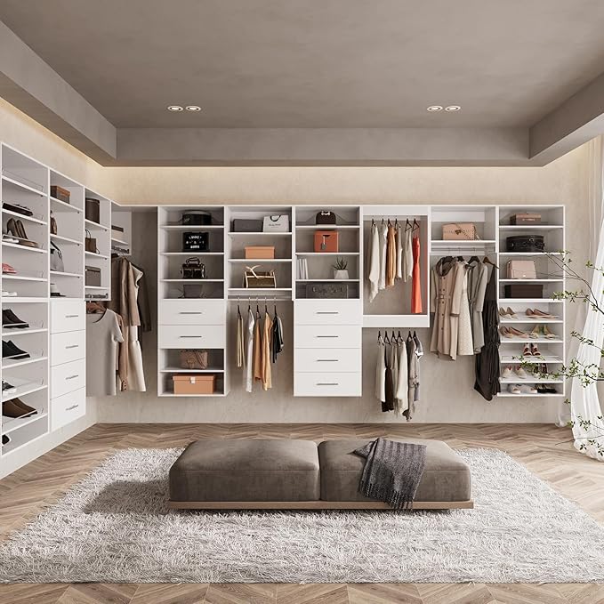 ROOMTEC Modular Closet System, 60" Wall Mounted Closet Organizer with Hanging Rods and Drawers, Wooden Tower for Walk-In Closets, Wardrobe Storage Kit, White