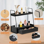 2-Tier Bathroom Organizer Countertop with Drawer, Wood Counter Organizer for Bathroom Decor, Sink Shelf for Vanity Storage, Makeup Tray for Perfume Skincare Bedroom Kitchen Corner